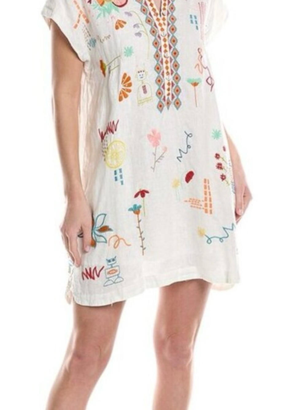 Johnny Was White Mini Dress with Multicolor Embroidery